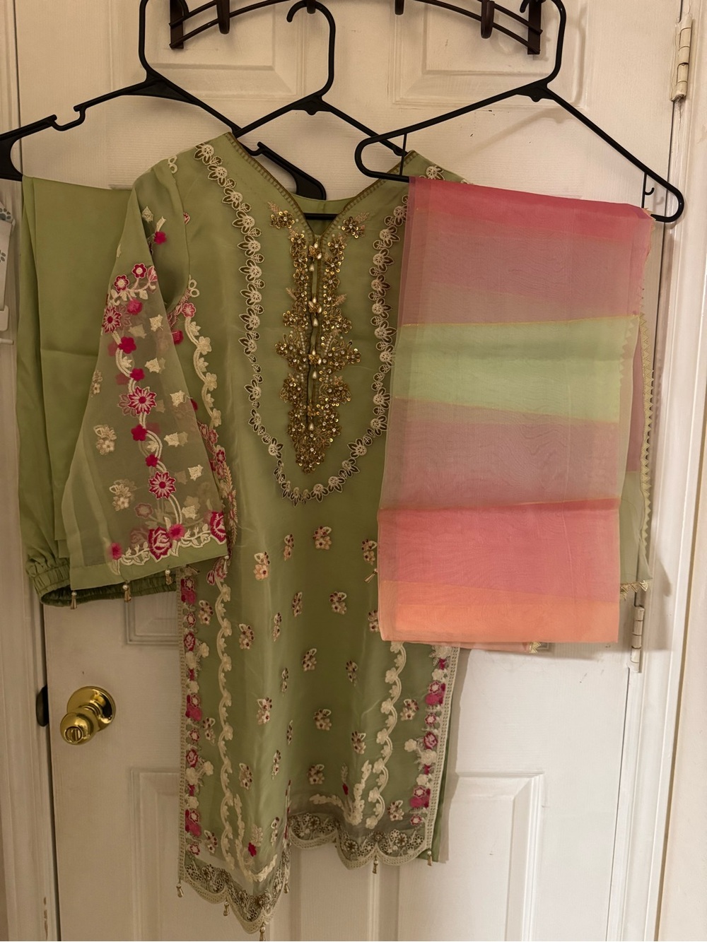 Embellished Light Green Women’s Dress with Pink Accent Dupatta